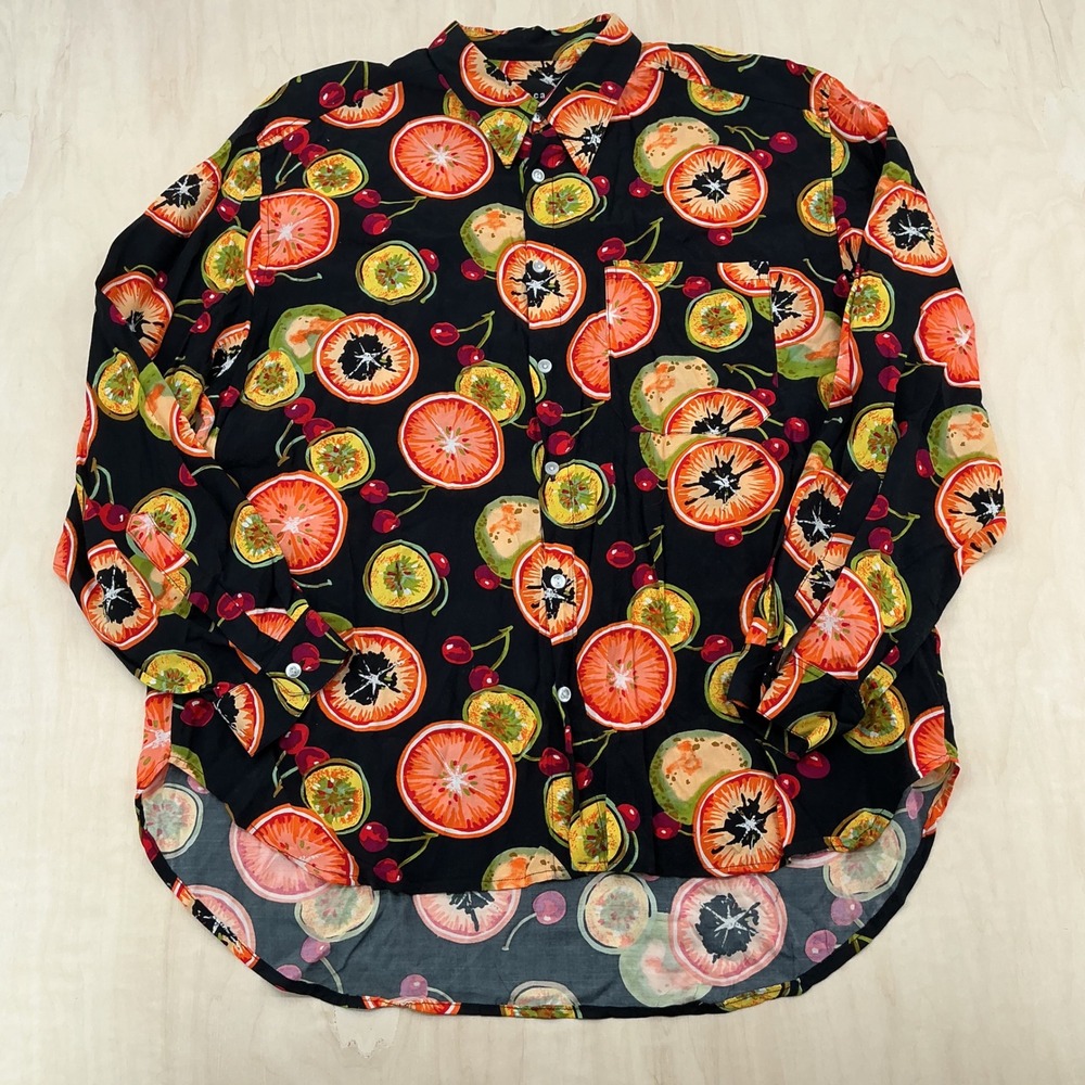 Mens Tarocash Retro Fruit Print Button Down Shirt L Black Tropical Viscose Rayon